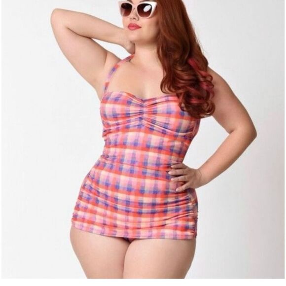 Girlhowdy Women’s Retro Pinup Inspired Multicolor Gingham Plaid One Piece Swimsu - Picture 1 of 15